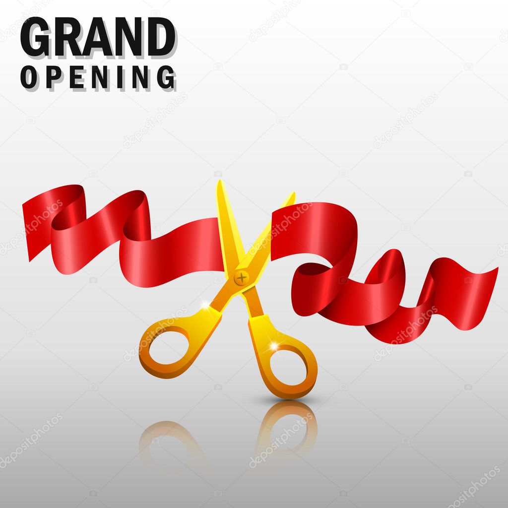 Grand opening with red ribbon and gold scissors Stock Vector by